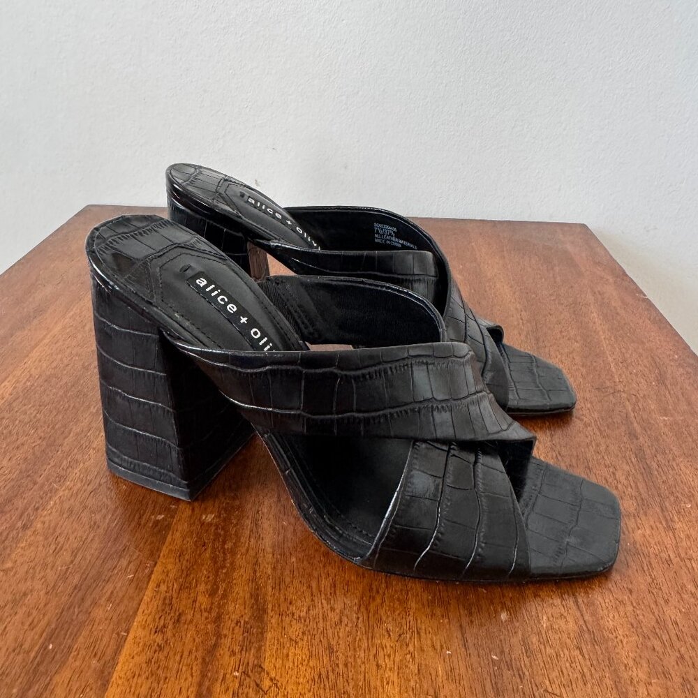 Alice + Olivia Peggie Black Croc-Embossed Leather Block Heel Sandal
